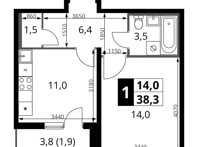 Apartamento 1 habitación 38 m² Jimki, Rusia