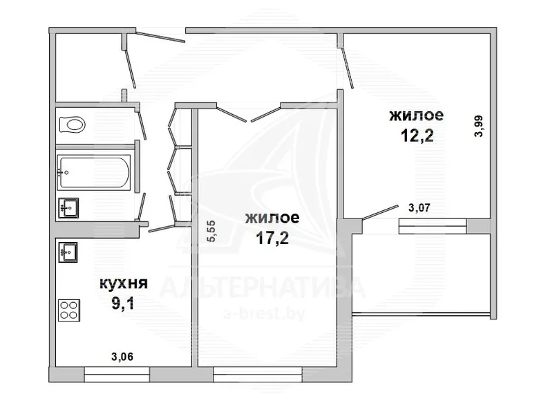 Mieszkanie 2 pokoi 54 m² Muchaviecki sielski Saviet, Białoruś