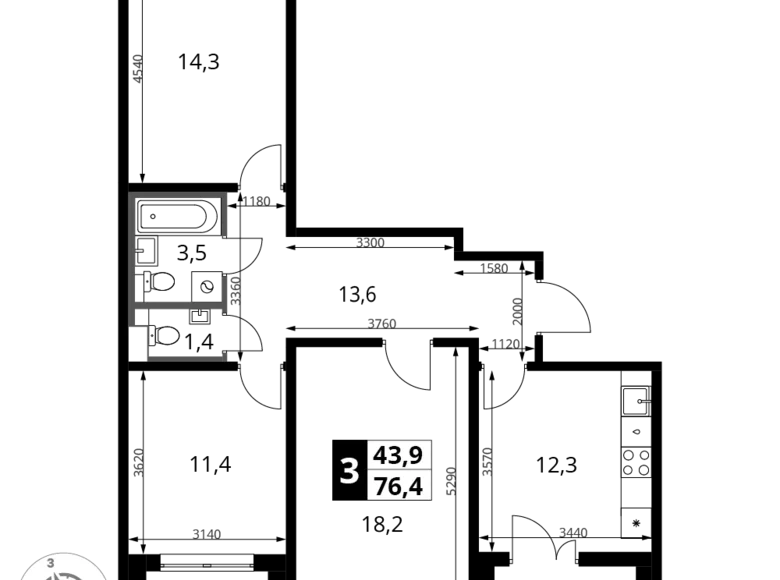 Mieszkanie 3 pokoi 76 m² rejon leniński, Rosja