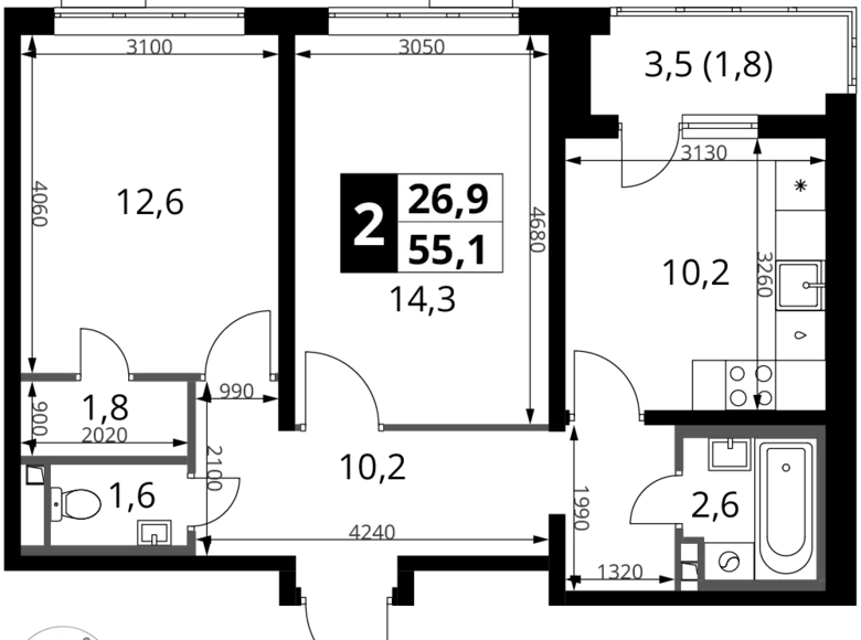 2 room apartment 55 m² Potapovo, Russia