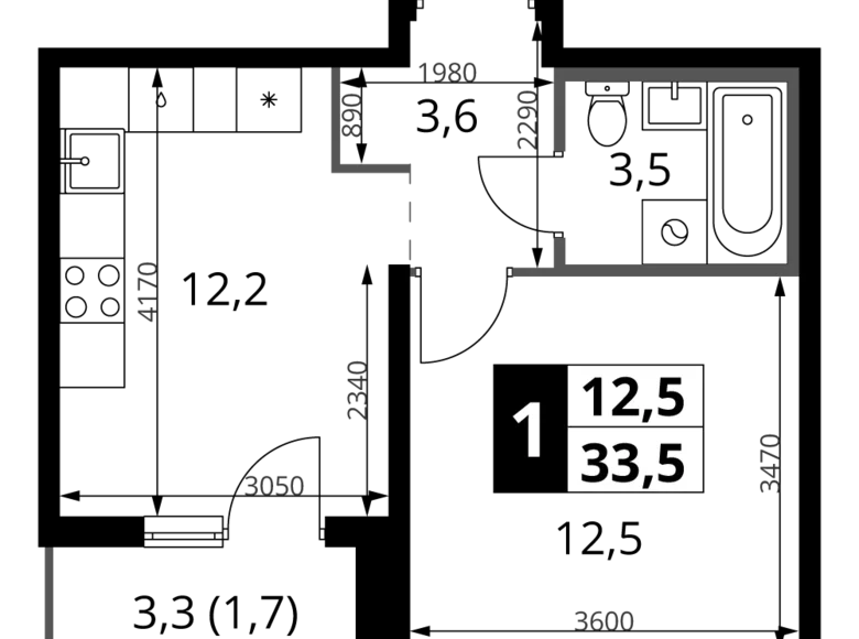 1 room apartment 34 m² Leninsky District, Russia