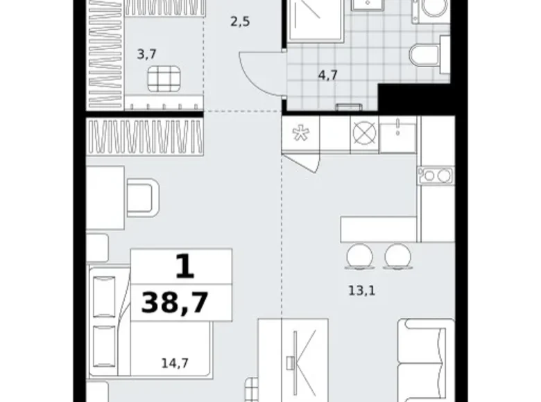 1 room apartment 39 m² Kommunarka, Russia