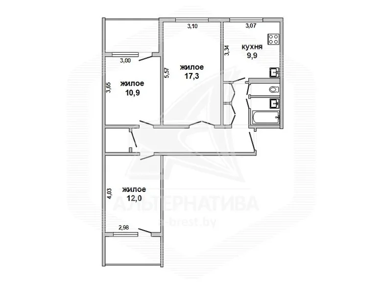 Appartement 3 chambres 67 m² Muchaviecki sielski Saviet, Bélarus