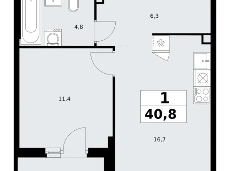 Квартира 1 комната 41 м² район Троицк, Россия