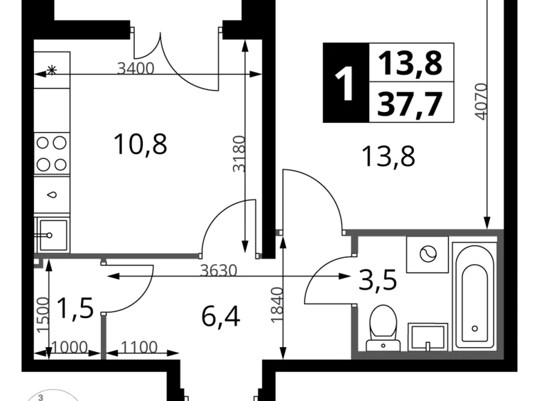 Квартира 1 комната 38 м² Ленинский район, Россия