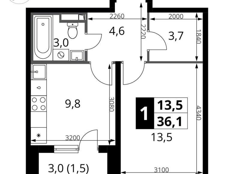 Квартира 1 комната 36 м² Potapovo, Россия