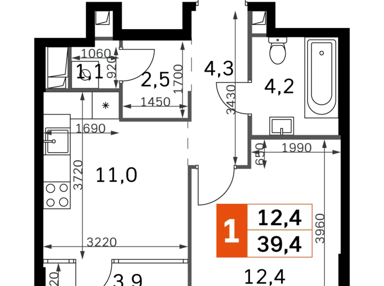 1 room apartment 39 m² North-Western Administrative Okrug, Russia