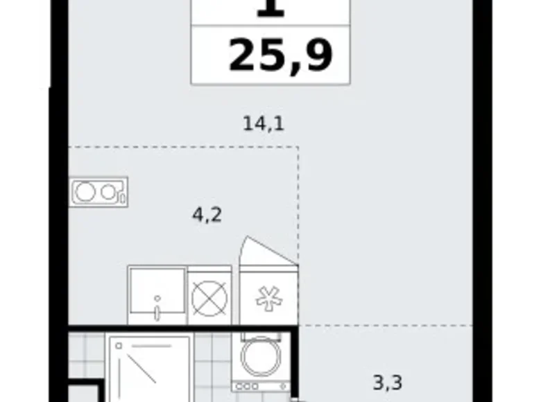 Квартира 1 комната 26 м² Юго-Западный административный округ, Россия