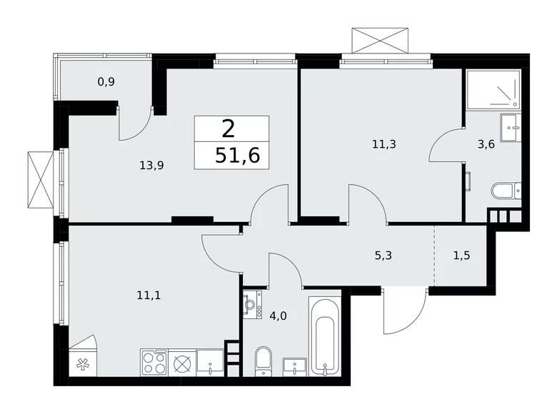 2 room apartment 52 m² poselenie Desenovskoe, Russia