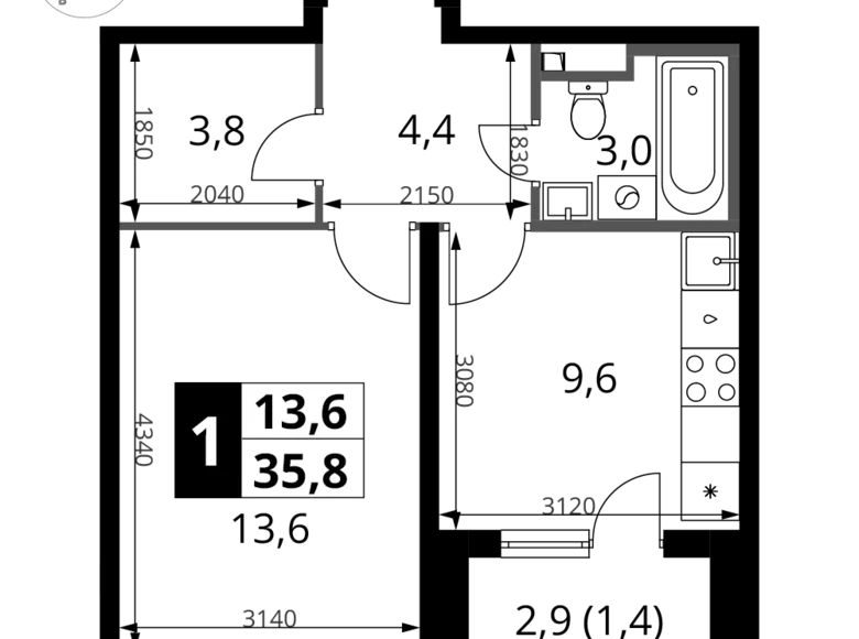 Apartamento 1 habitación 36 m² Potapovo, Rusia