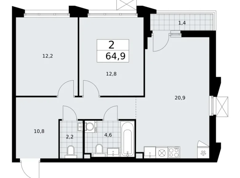 2 room apartment 65 m² Troitsk, Russia
