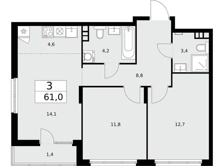 3 room apartment 61 m² poselenie Desenovskoe, Russia
