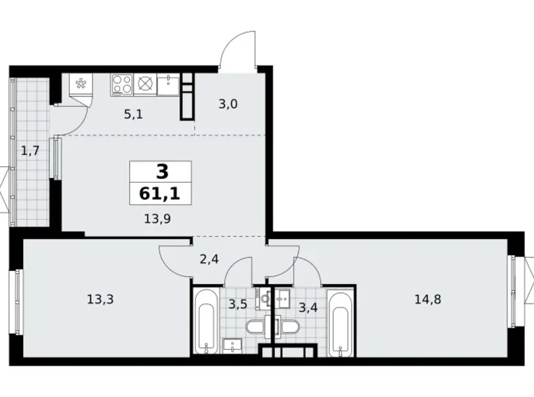 Apartamento 3 habitaciones 61 m² poselenie Sosenskoe, Rusia