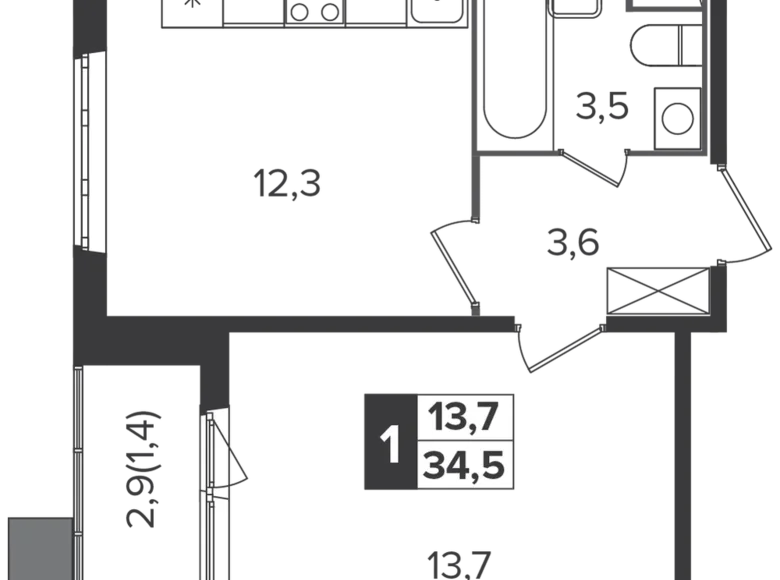 Apartamento 1 habitación 34 m² Leninsky District, Rusia