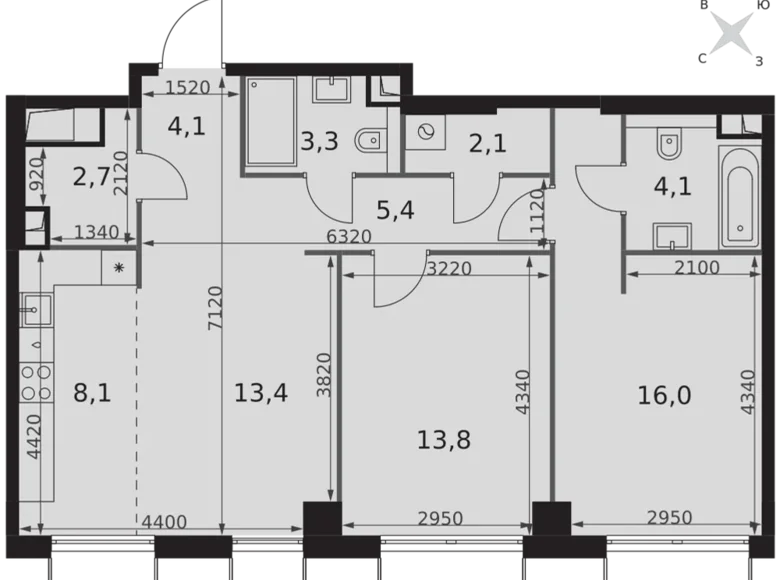 3 room apartment 73 m² Moscow, Russia