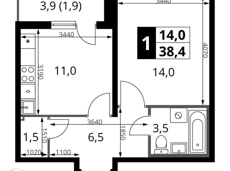 Квартира 1 комната 38 м² Ленинский район, Россия