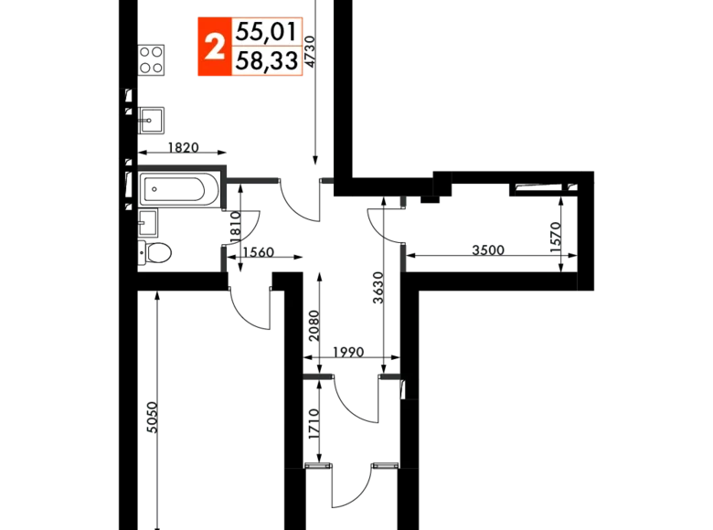 2 room apartment 58 m² Naro-Fominskiy gorodskoy okrug, Russia