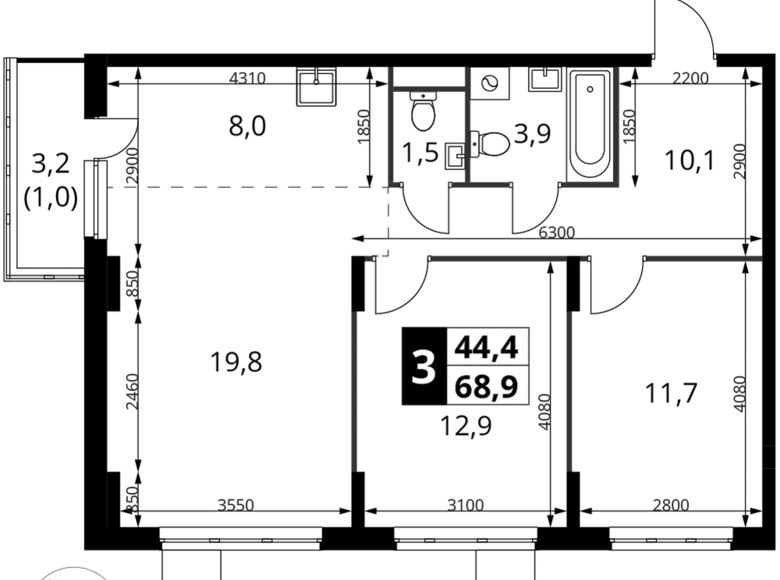 3 room apartment 69 m² Potapovo, Russia