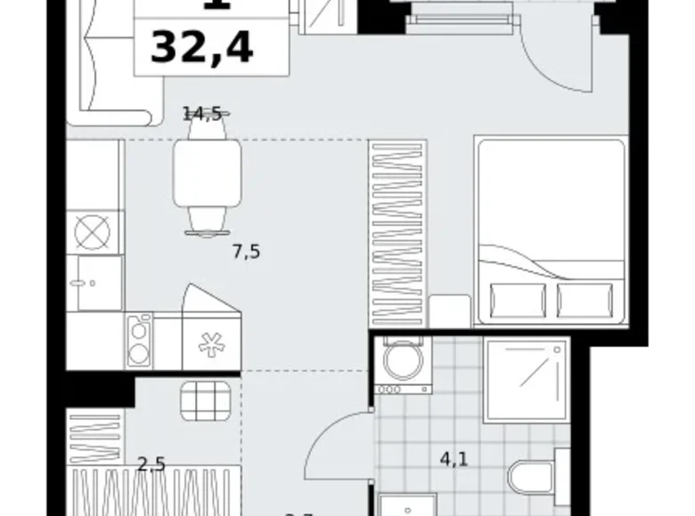 1 room apartment 32 m² Kommunarka, Russia