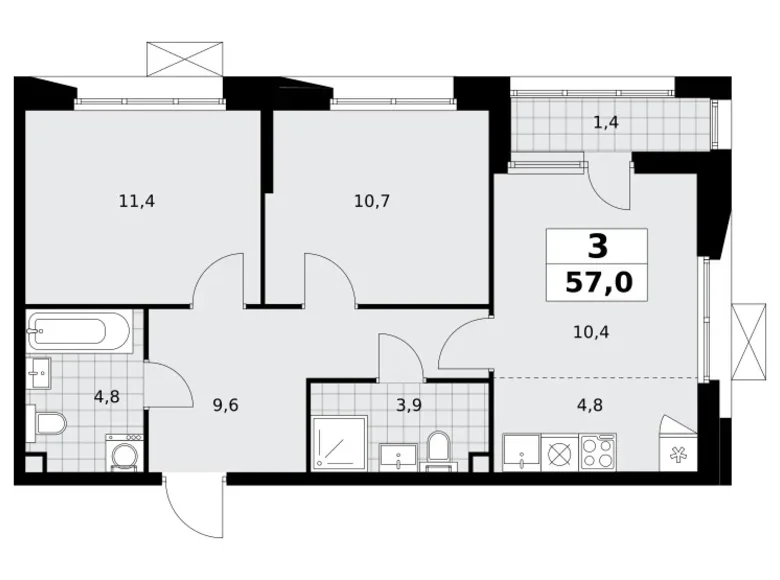 Квартира 3 комнаты 57 м² поселение Сосенское, Россия