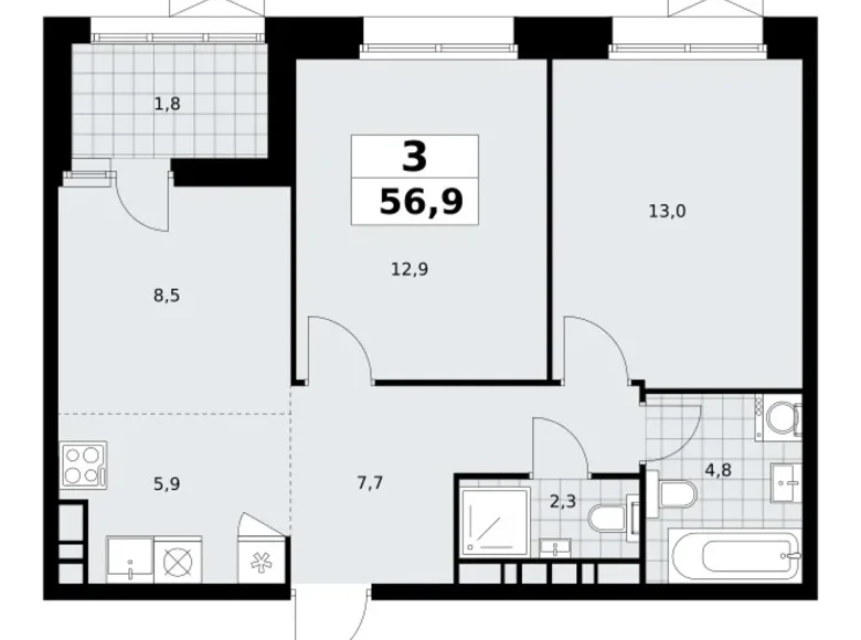 Appartement 3 chambres 57 m² poselenie Sosenskoe, Fédération de Russie