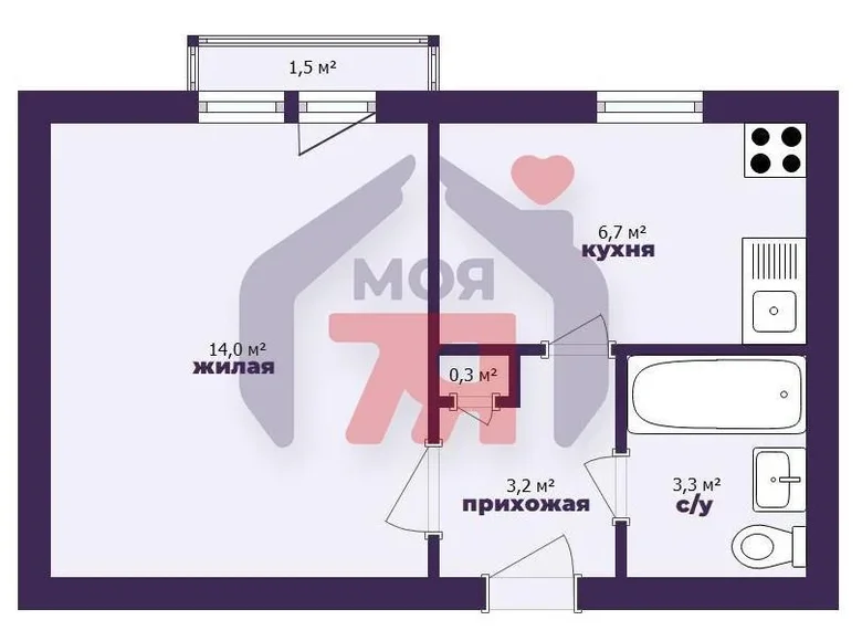 1 room apartment 29 m² Barysaw, Belarus