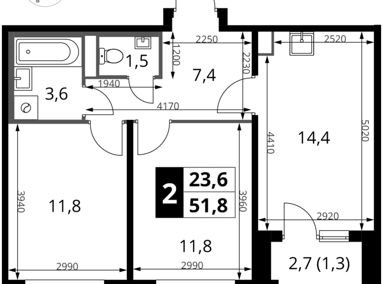 2 room apartment 52 m² Potapovo, Russia