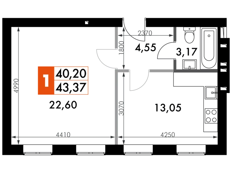 Квартира 1 комната 43 м² Наро-Фоминский городской округ, Россия