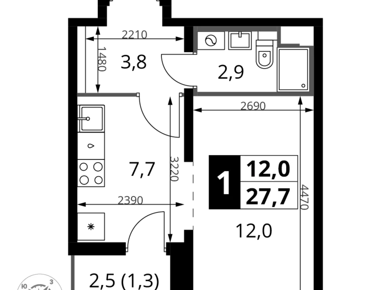 Квартира 1 комната 28 м² Юго-Западный административный округ, Россия