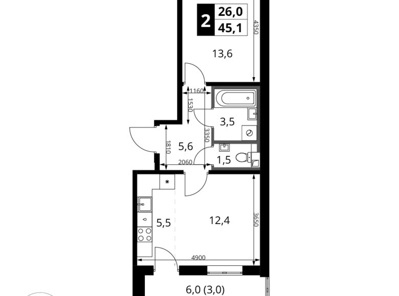 Mieszkanie 2 pokoi 45 m² Chimki, Rosja