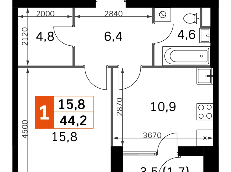 Apartamento 1 habitación 44 m² Moscú, Rusia