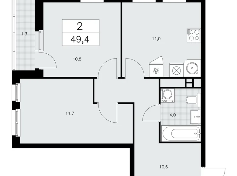 2 room apartment 49 m² Moscow, Russia