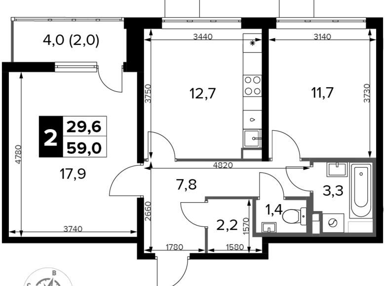 Apartamento 2 habitaciones 59 m² Potapovo, Rusia