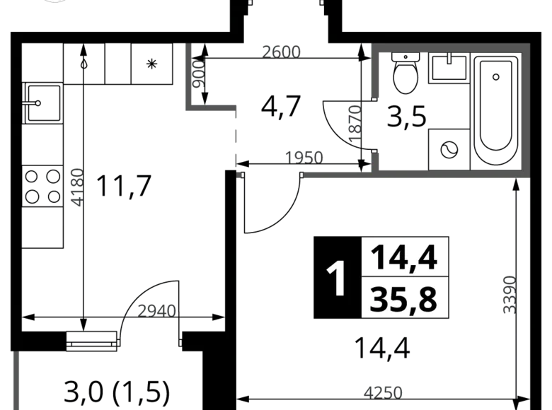 1 room apartment 36 m² Leninsky District, Russia