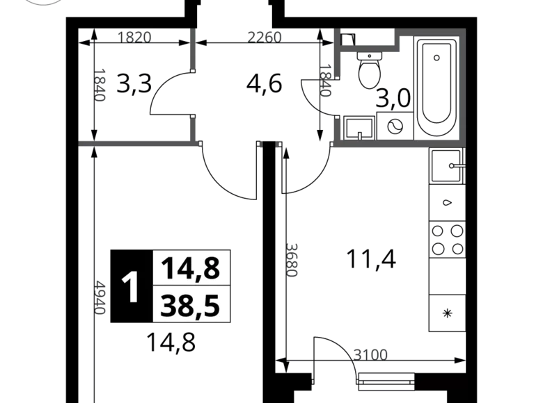 1 room apartment 39 m² Potapovo, Russia