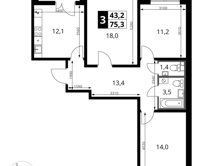 Квартира 3 комнаты 75 м² Ленинский район, Россия