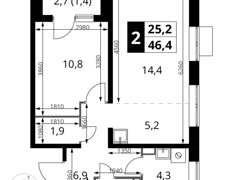 Appartement 2 chambres 46 m² Potapovo, Fédération de Russie