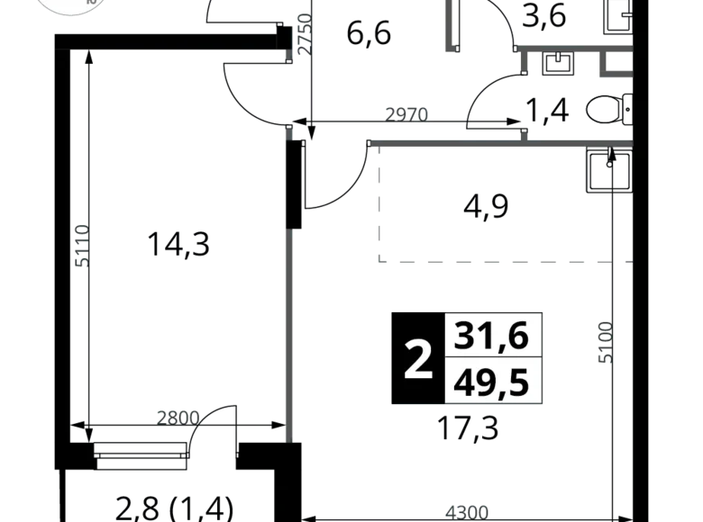 Квартира 2 комнаты 50 м² Potapovo, Россия