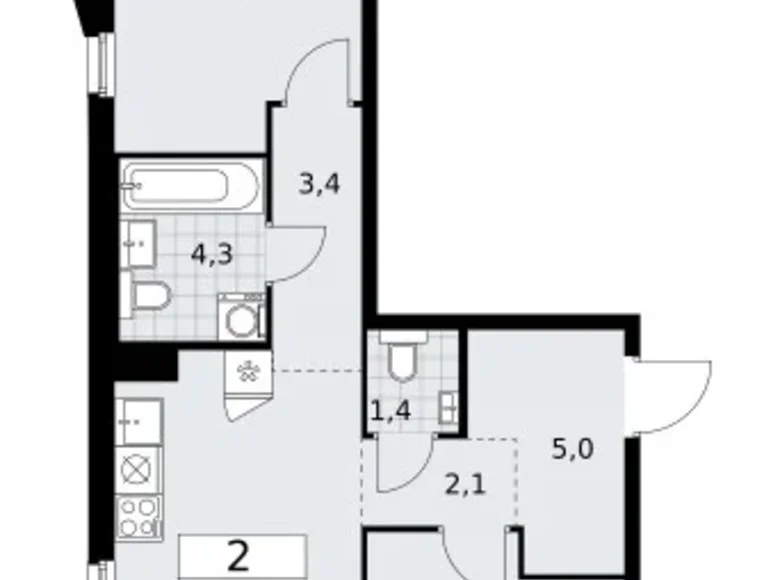 2 room apartment 59 m² Troitsk, Russia