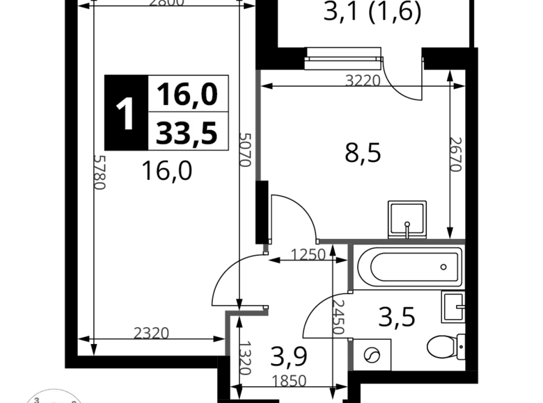 1 room apartment 34 m² Potapovo, Russia