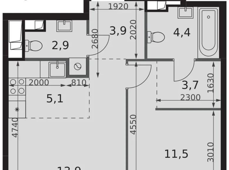 2 room apartment 45 m² North-Western Administrative Okrug, Russia