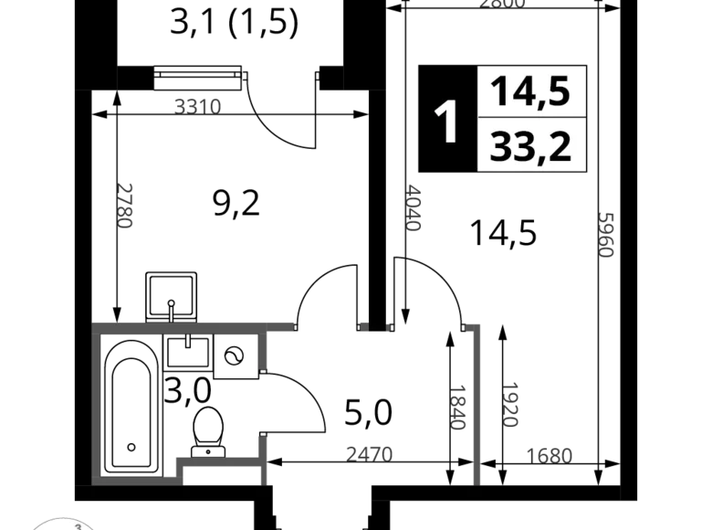 1 room apartment 33 m² Potapovo, Russia