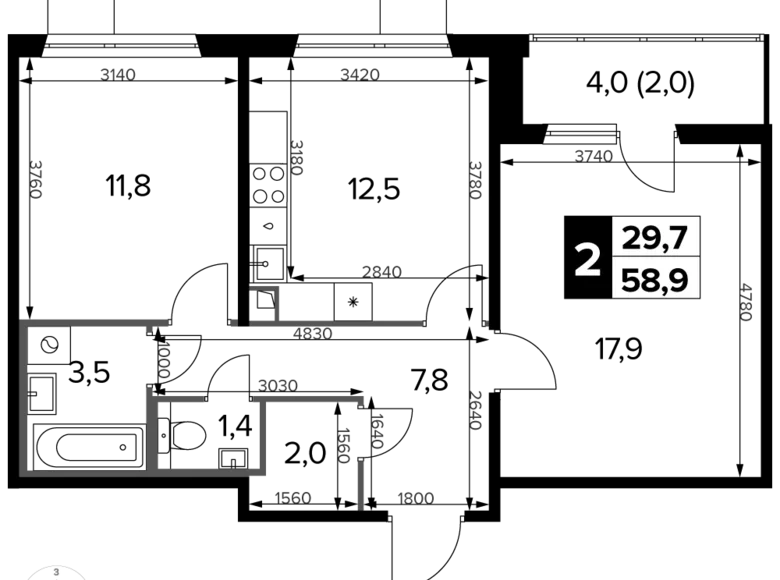 2 room apartment 59 m² Khimki, Russia