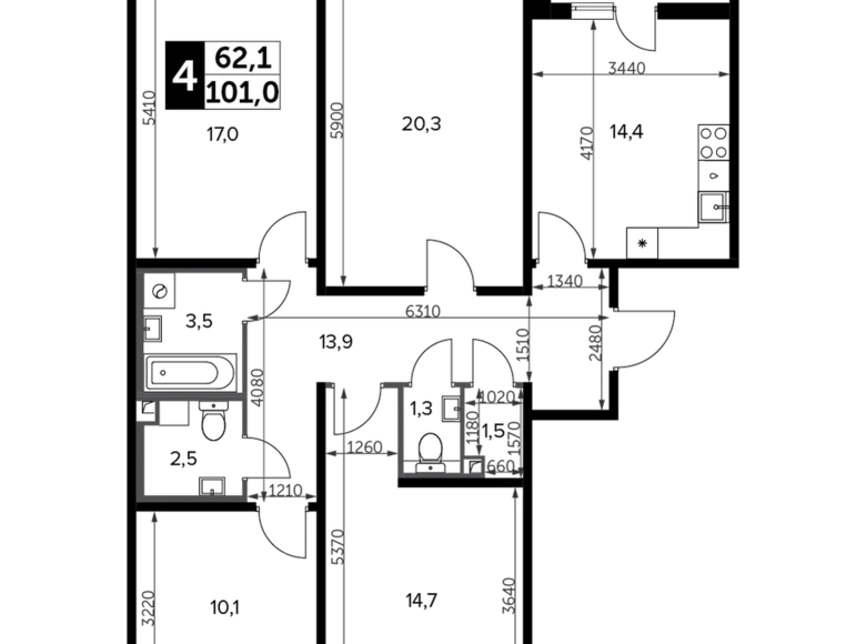 Квартира 4 комнаты 101 м² Юго-Западный административный округ, Россия