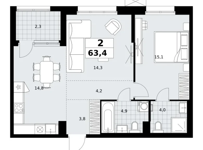 Mieszkanie 2 pokoi 63 m² Kommunarka, Rosja