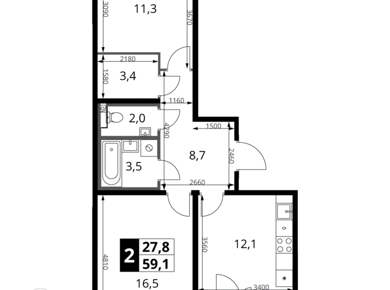 2 room apartment 59 m² Leninsky District, Russia