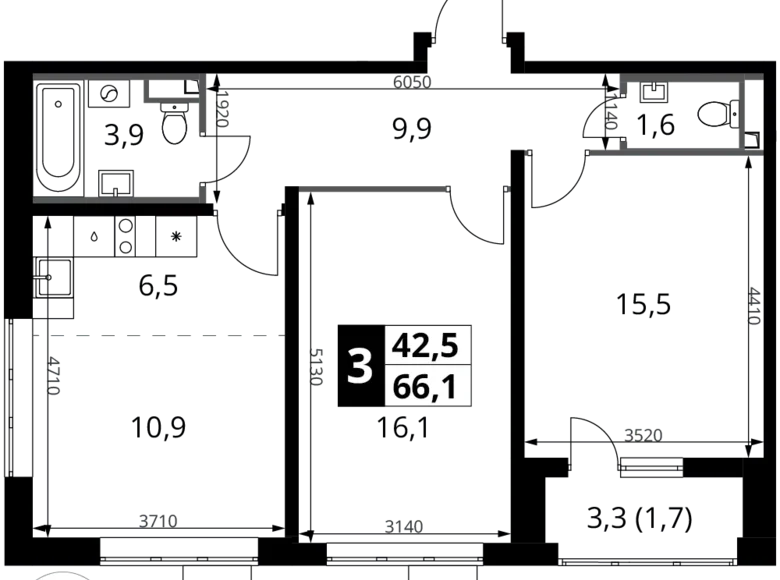 3 room apartment 66 m² Potapovo, Russia