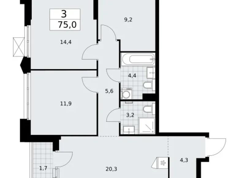 3 room apartment 75 m² Troitsk, Russia