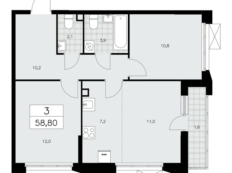 3 room apartment 59 m² Moscow, Russia