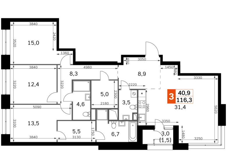 Квартира 4 комнаты 116 м² Москва, Россия